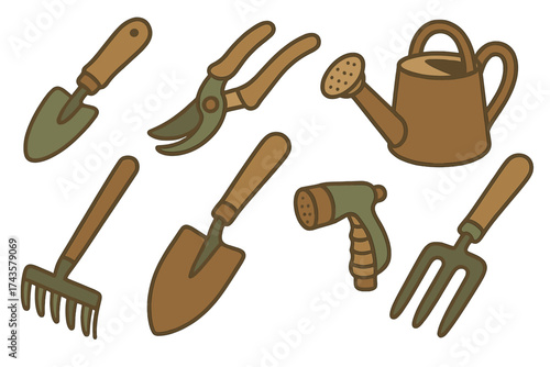 Essential gardening tools collection featuring trowels, rake, shears, and watering can