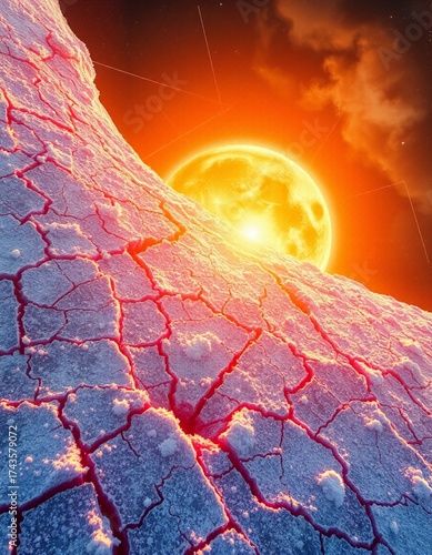 Pemandangan dramatis dengan tanah retak dan matahari yang terik