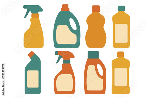 Collection of various household cleaning product bottles and containers in a modern style