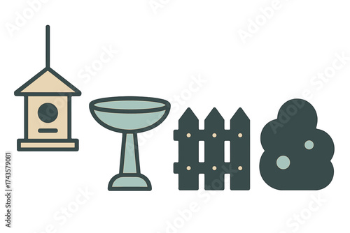 Collection of garden and backyard objects including birdhouse bird bath and fence