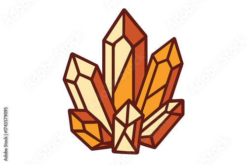 Stylized cluster of natural quartz crystals in warm orange and yellow tones