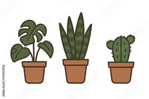 Stylized collection of three different potted indoor plants isolated on white background