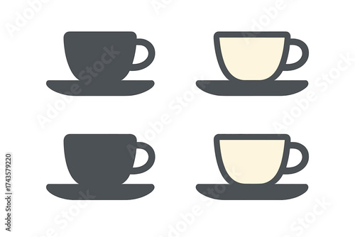 Simple stylized coffee and tea cups with saucers set for web design