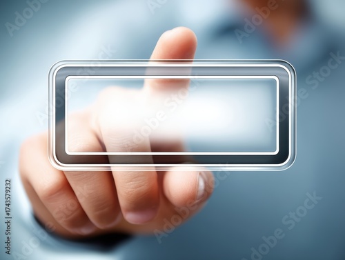 Man touching button on touchscreen display person interacts with digital interface presses control on capacitive display device