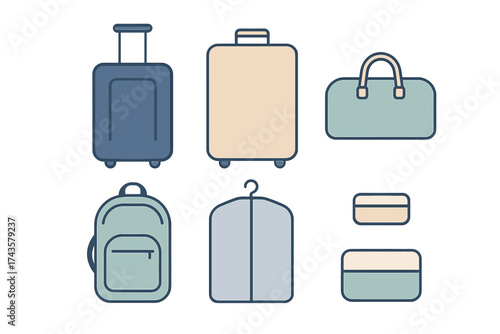 Set of travel luggage items including suitcases, backpack, and duffel bag