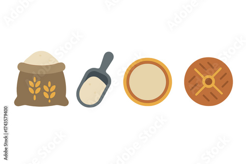 Flat design icons showing baking process ingredients and finished bread loaf
