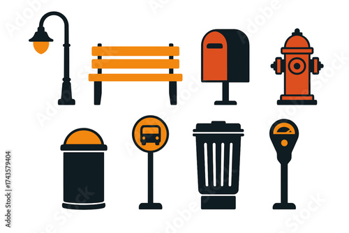 Essential urban street elements set including bench, lamppost, fire hydrant, and parking meter