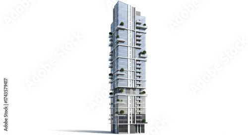 Contemporary highrise apartment building with balconies and green spaces isolated on white background showcasing modern urban living and sustainable design