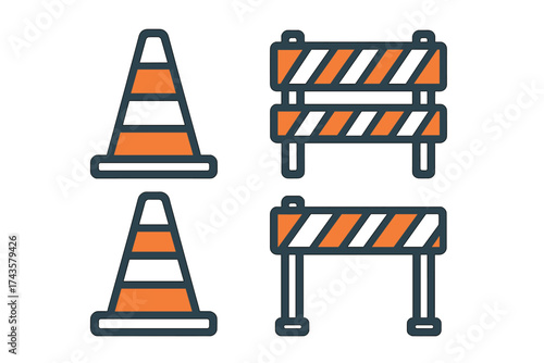 Orange and white striped traffic cones and temporary road barriers set
