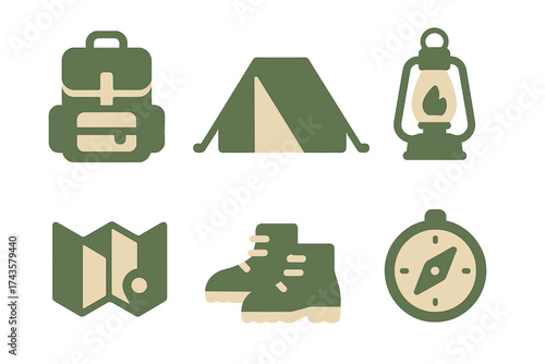 Essential outdoor adventure equipment set including backpack tent lantern map boots and compass