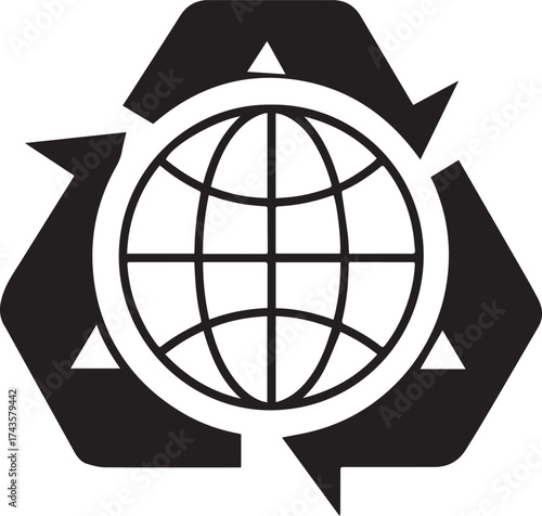 Global recycling symbol with a stylized earth globe at its center representing environmental protection and sustainability efforts worldwide