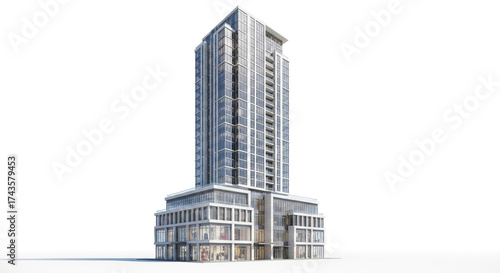 Modern highrise commercial building with glass facade isolated on white background showcasing architectural design and urban development in a city