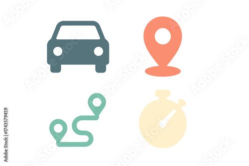 Car map route location pin and stopwatch symbols for navigation