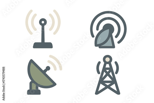 Communication icons collection showing antennas, satellite dishes, and transmission towers broadcasting signals