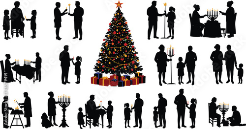 Christmas and Hanukkah family silhouettes, festive holiday traditions, decorating tree, lighting menorah, winter celebration illustration, seasonal vector design