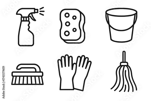 Essential household cleaning supplies equipment spray bottle sponge bucket brush gloves and mop