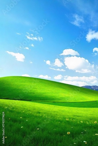 Serene Rolling Hills Landscape Lush Green Grass, Clear Blue Sky, Peaceful Tranquil Scene, Perfect for Relaxation and Escape