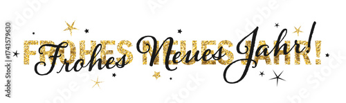 FROHES NEUES JAHR (HAPPY NEW YEAR in German) black and gold vector typography banner