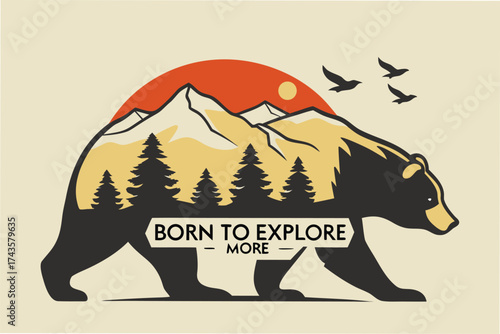 Majestic bear silhouette filled with a vibrant mountain landscape at sunrise symbolizing nature and adventure