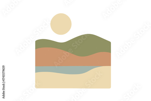 Modern abstract layered landscape featuring rolling hills, water, and a large sun in a minimal earthy color palette