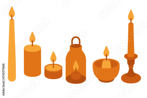 Assortment of glowing orange candles and lighting elements isolated on white background
