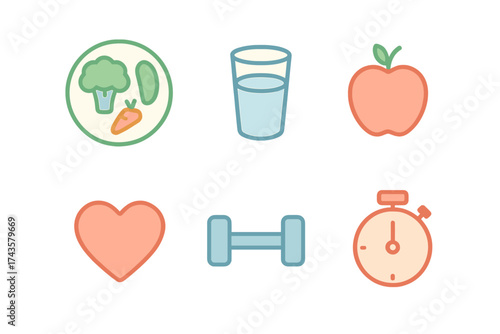 Health and fitness symbols representing nutrition, hydration, exercise, and heart health