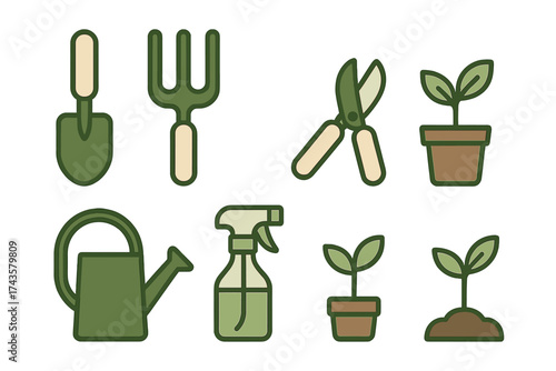 Collection of essential hand tools and young plants for home gardening