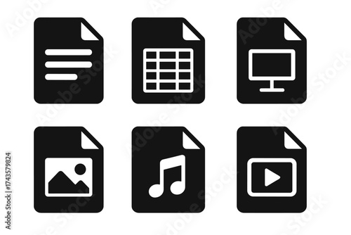 Monochromatic icons set for digital file formats: document, spreadsheet, image, audio, video