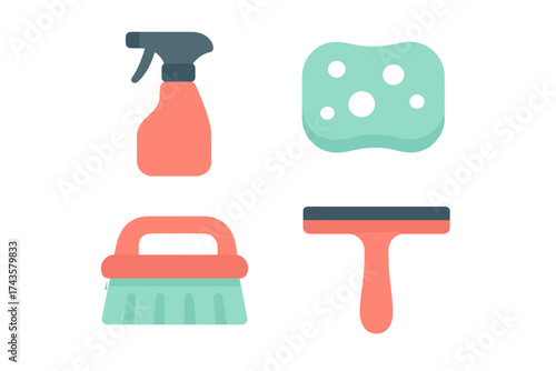 Set of flat design icons depicting household cleaning tools and supplies