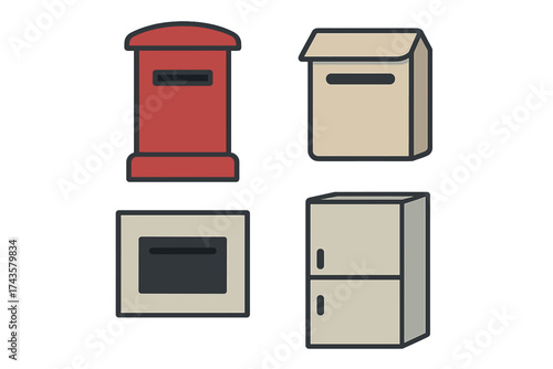 Collection of various postal boxes including a traditional red pillar box and modern wall-mounted designs