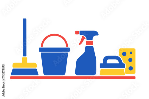Essential household cleaning supplies arranged in a row: broom, bucket, spray bottle, and scrub brush