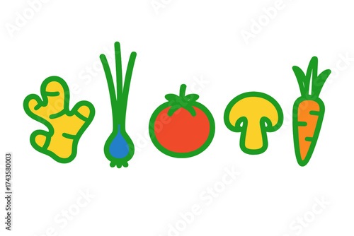 Brightly colored icons of fresh produce: ginger, green onion, tomato, mushroom, and carrot