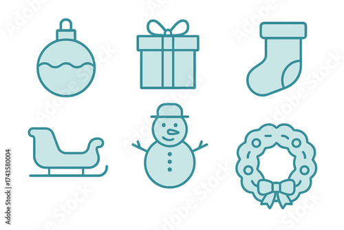 Minimalist winter holiday symbols set including snowman, wreath, gift box, and stocking