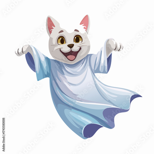 A cartoon cat dressed as a ghost, smiling and floating with arms outstretched.