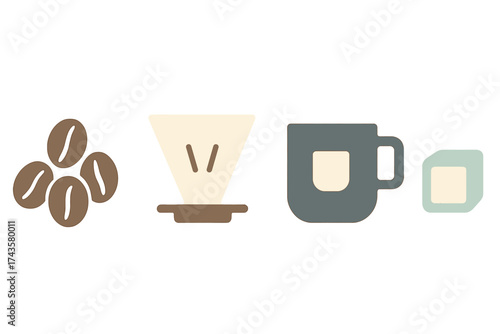 Stylized collection of flat design icons representing coffee beans pour-over filter mug and tea bag