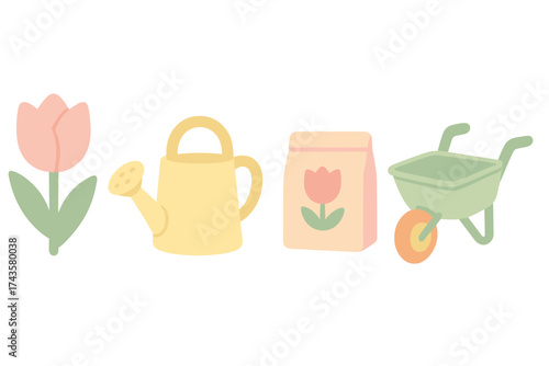 Cute pastel gardening tools and spring flowers isolated on white background
