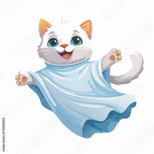 Cartoon white kitten dressed as a ghost, floating with arms outstretched, smiling.
