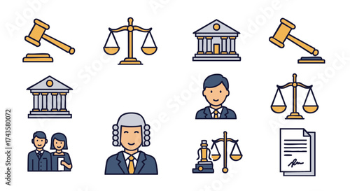 Modern flat line icons for law and justice, depicting legal system elements judge, lawyer, scales, gavel, courthouse, and documents. Perfect for legal and educational design