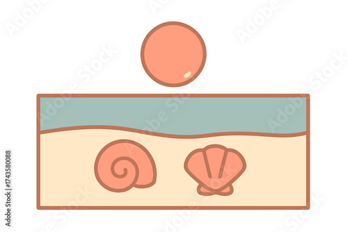Minimalist summer beach scene with ocean water, sand, and two seashells under the sun