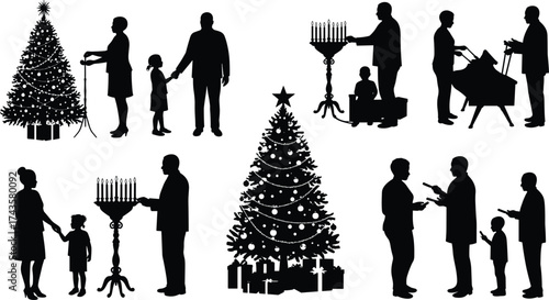 Holiday celebration silhouettes, Christmas and Hanukkah family traditions, festive season illustration, people decorating trees, lighting menorah, winter holiday vector design