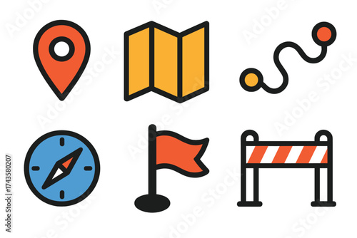 Colorful set of navigation, travel, and location tracking icons featuring map, compass, and route symbols