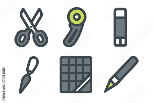 Collection of essential crafting tools including scissors, rotary cutter, utility knife, cutting mat, and pencil icons