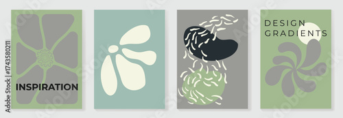 Abstract wall art vector set. Natural and organic shape with green blue tone colors. Illustration design for Eco packaging, interior, cover, wall art, wallpaper.