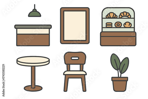 Minimalist furniture and design elements for coffee shop or bakery interior