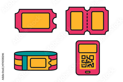 Colorful icons showing event tickets, wristband, and digital QR code access