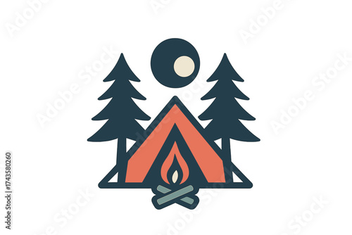 Minimalist outdoor camping setup with tent campfire and pine trees at night
