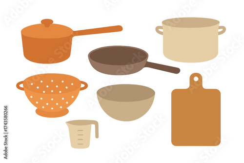 Essential kitchen cooking utensils and equipment set in warm earthy colors on a white background