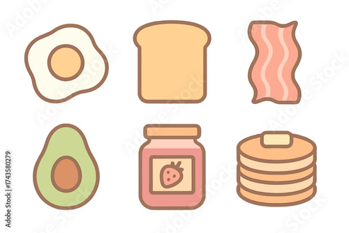 Stylized breakfast food icons set featuring fried egg toast bacon avocado jam and pancakes