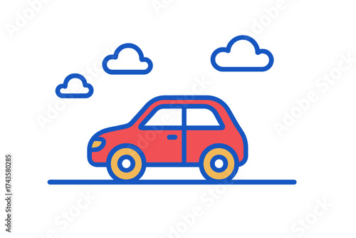 Simple graphic representation of a small red passenger car driving along a road under clouds