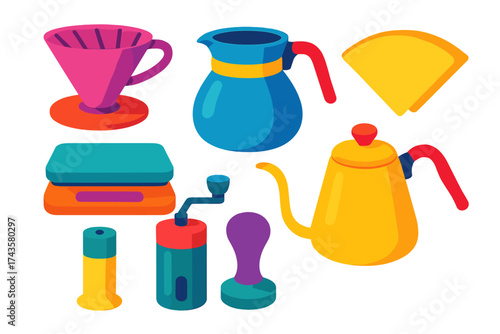 Colorful set of manual coffee brewing tools: kettle, grinder, dripper, and scale